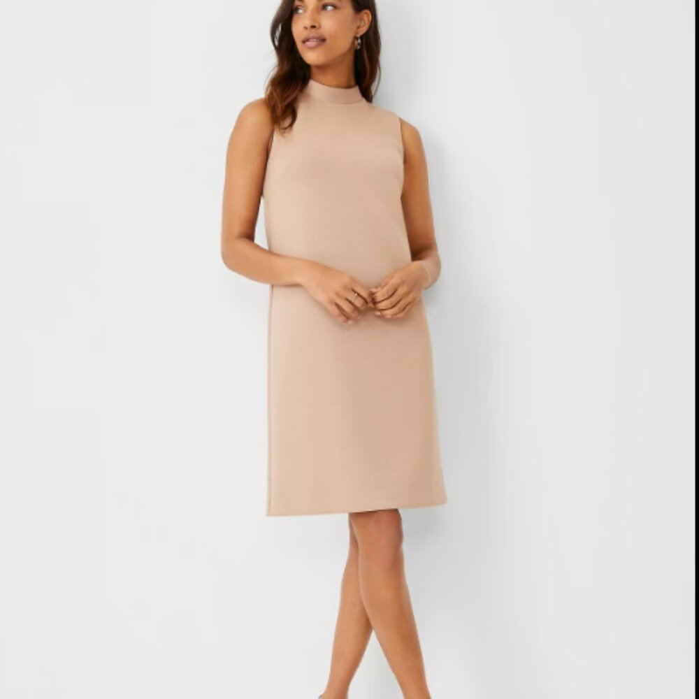 Ann Taylor Sleeveless Mock Neck Shift Dress in Beige